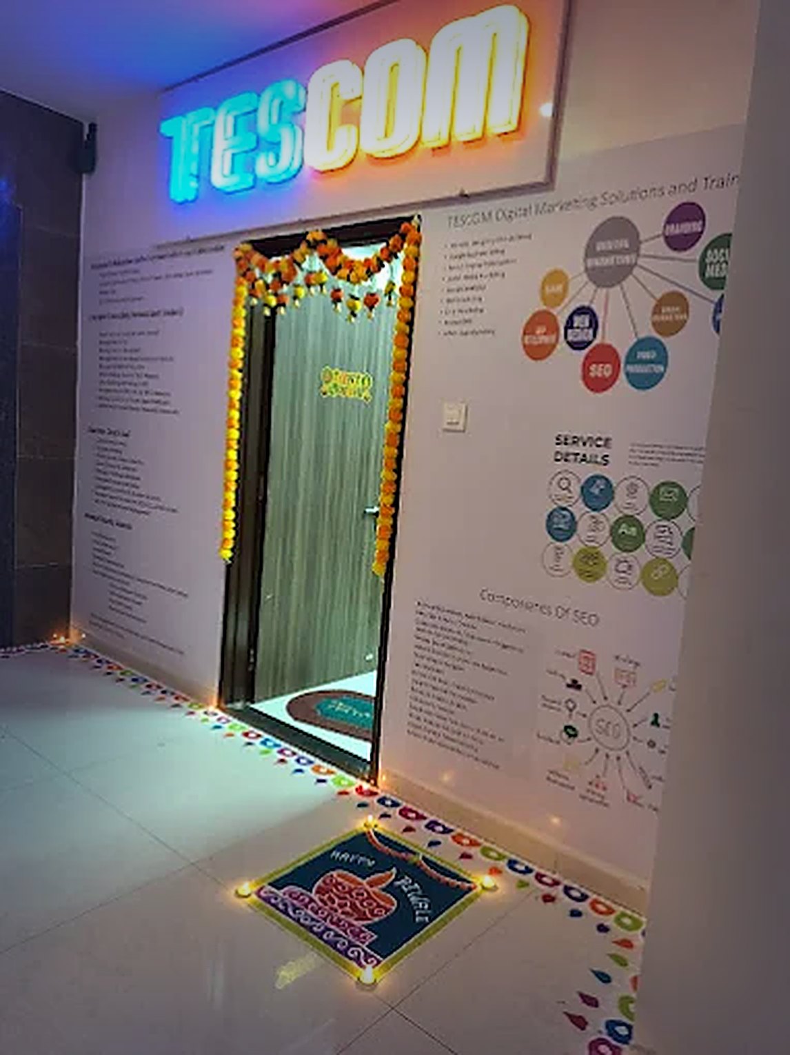 Diwali celebrations at the Tescom office, with rangoli, diyas and marigold decorations welcoming our team and visitors.